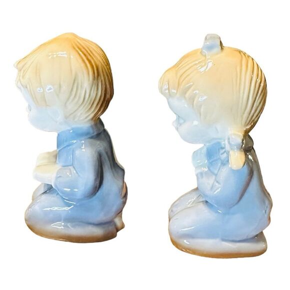 Vintage Blue Praying Children Ceramic Figurines Pair, Treasure Masters Korea - Picture 5 of 8